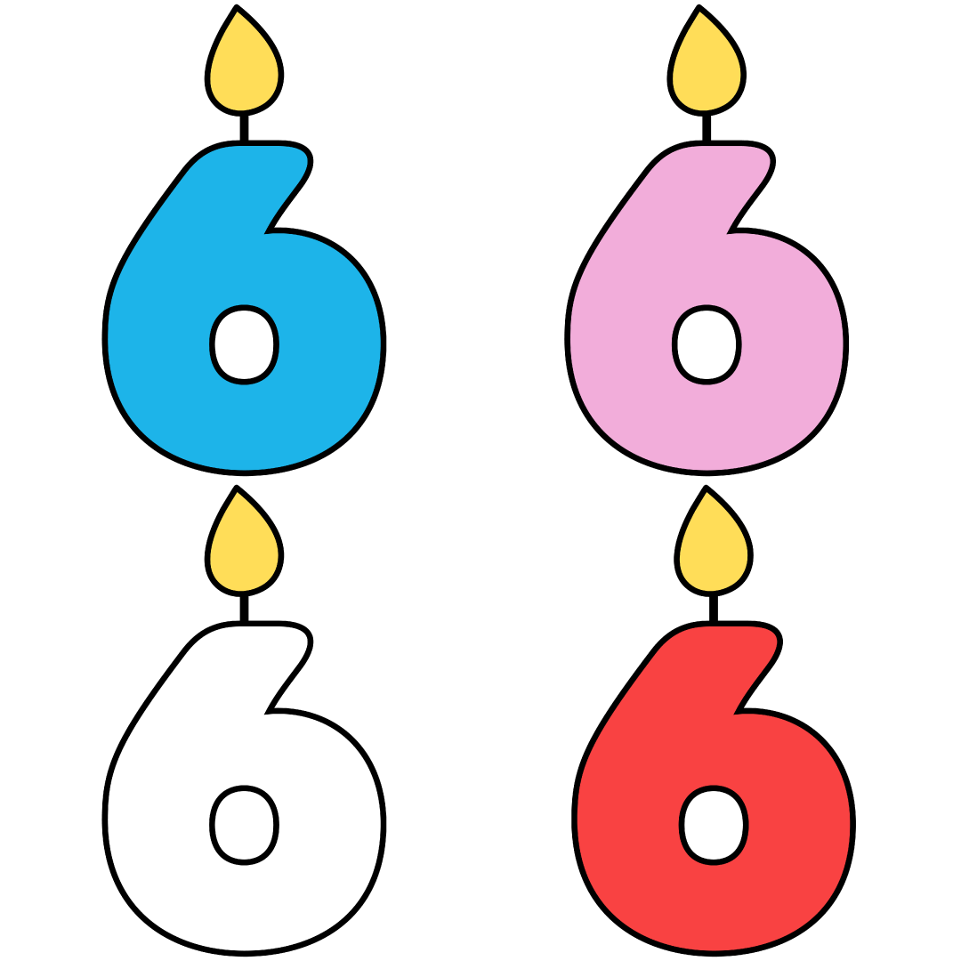 Celebratory candles, the number six, in the colors white, blue, pink and red.