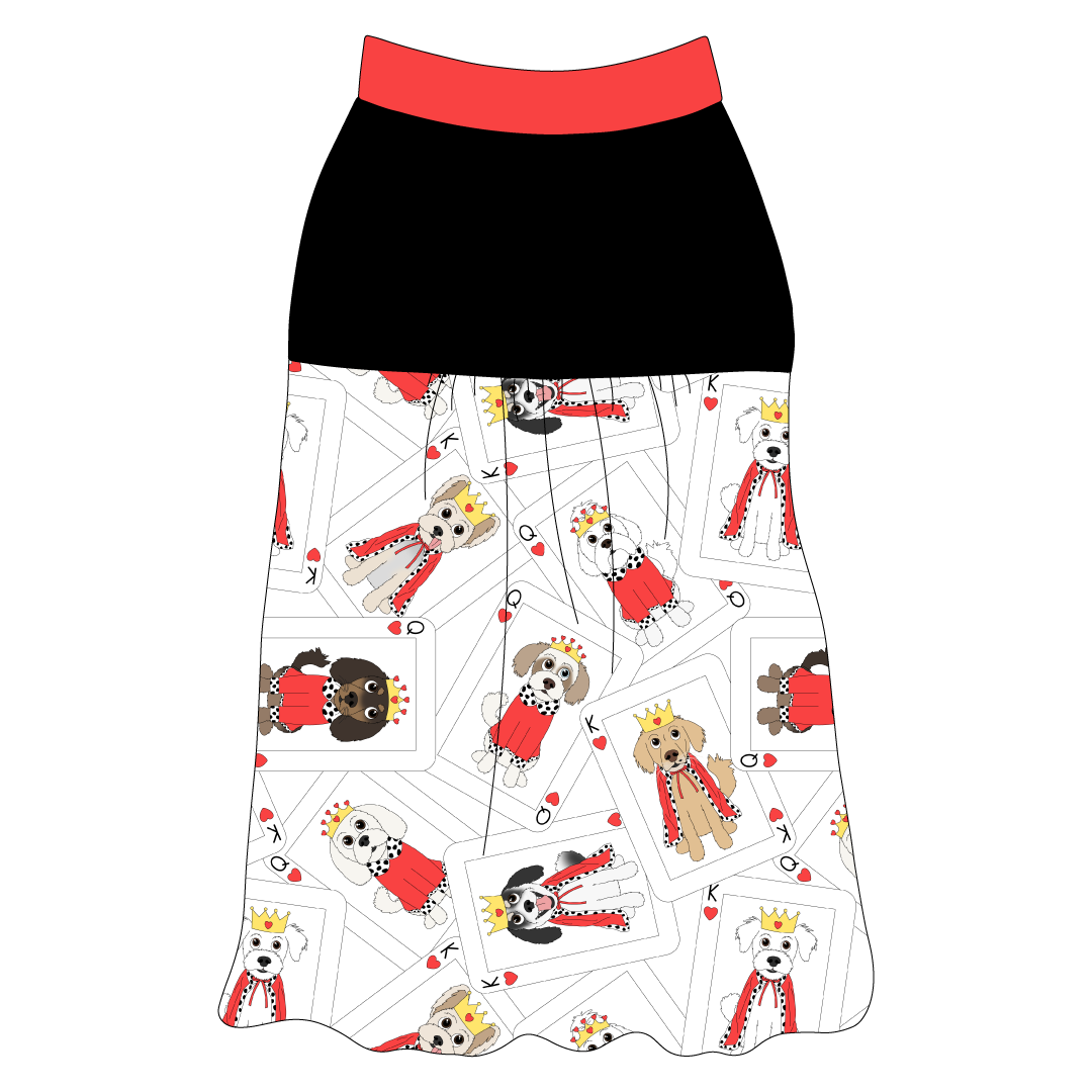 Tank style in a dog friendly pattern that shows boy and girl dogs dressed and kings and queens on playing cards. It's complete with solid black on the upper back and gathering at the yoke. Solid red trim is on the neck and shoulders.