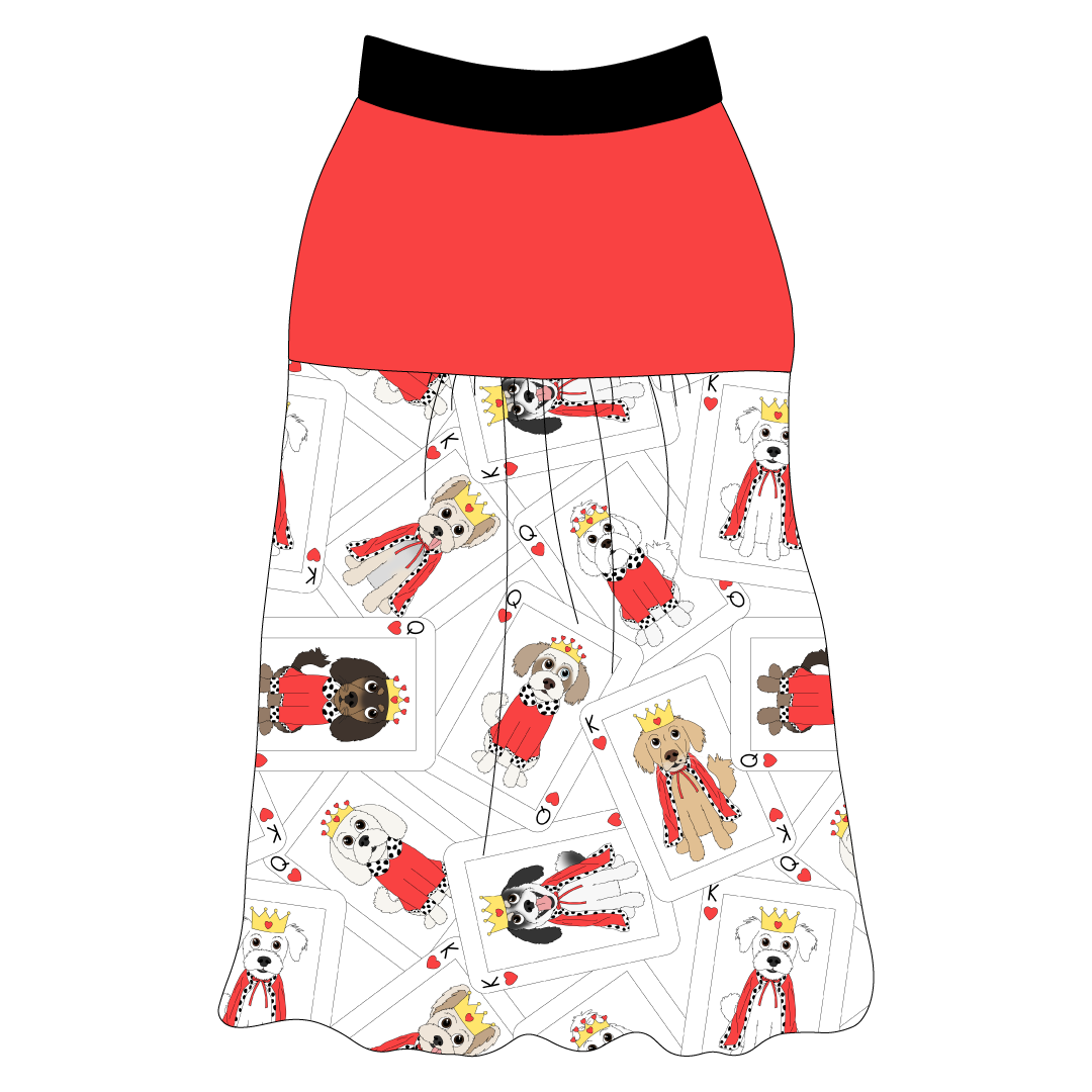 Tank style in a dog friendly pattern that shows boy and girl dogs dressed and kings and queens on playing cards. It's complete with solid red on the upper back and gathering at the yoke. Solid black trim is on the neck and shoulders.