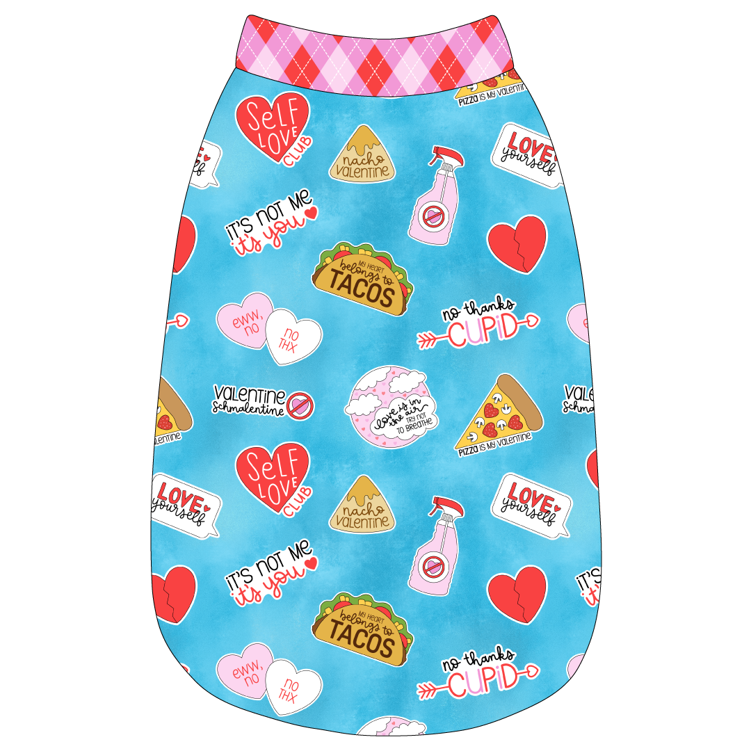 Tank in a dog friendly pattern that shows witty anti-Valentine phrases and fun images. It's complete with Valentine argyle plaid trim on the neck, waist and shoulders.