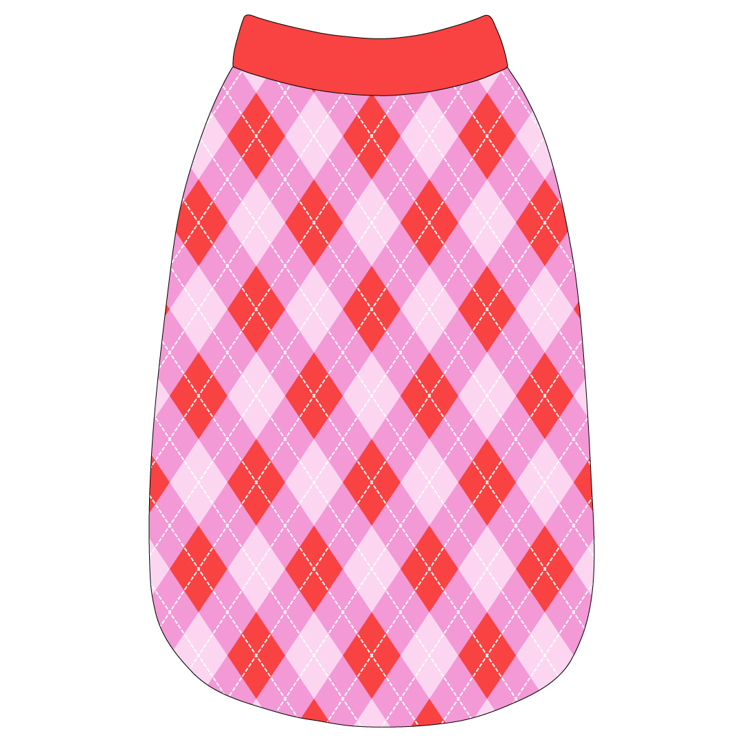 Tank in a dog friendly pattern that shows Valentine argyle plaid. It's complete with solid red trim on the neck, waist and shoulders.