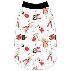 Tank in a dog friendly pattern that shows boy and girl dogs dressed as kings and queens on playing cards. It's complete with solid black trim on the neck, waist and shoulders.