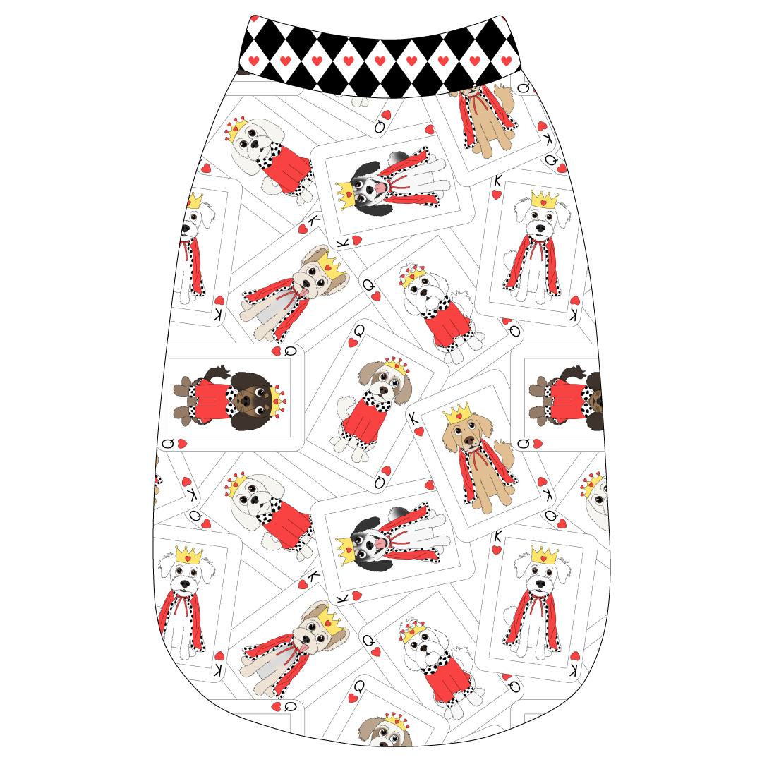 Tank in a dog friendly pattern that shows boy and girl dogs dressed as kings and queens on playing cards. It's complete with black diamond and red heart trim on the neck, waist and shoulders.