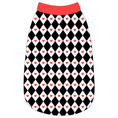 Tank in a dog friendly pattern that shows black diamonds with red hearts. It's complete with solid red trim on the neck, waist and shoulders.