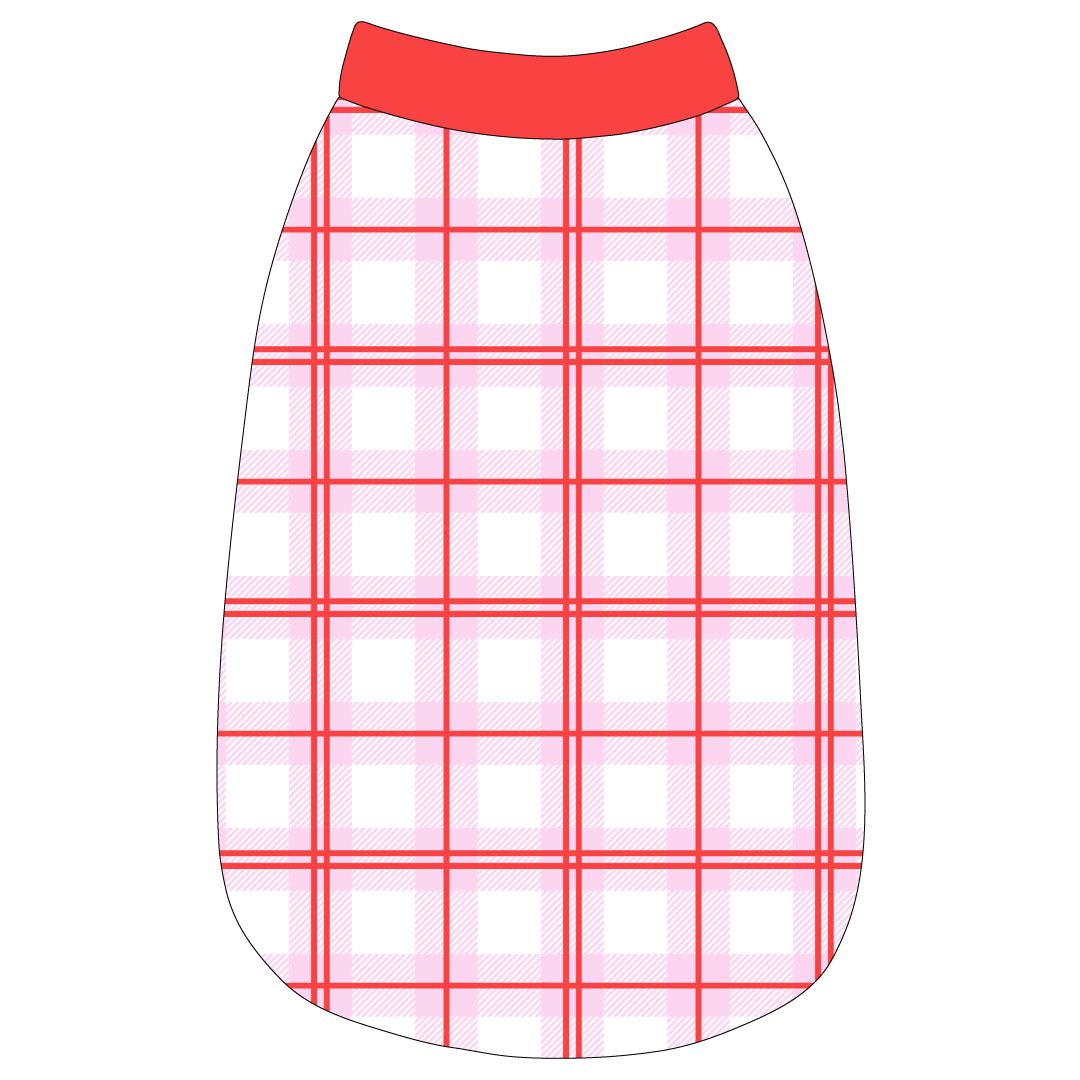 Tank in a dog friendly pattern that shows red and pink plaid. It's complete with solid red trim on the neck, waist and shoulders.