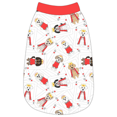 Tank in a dog friendly pattern that shows boy and girl dogs dressed as kings and queens on playing cards. It's complete with solid red trim on the neck, waist and shoulders.