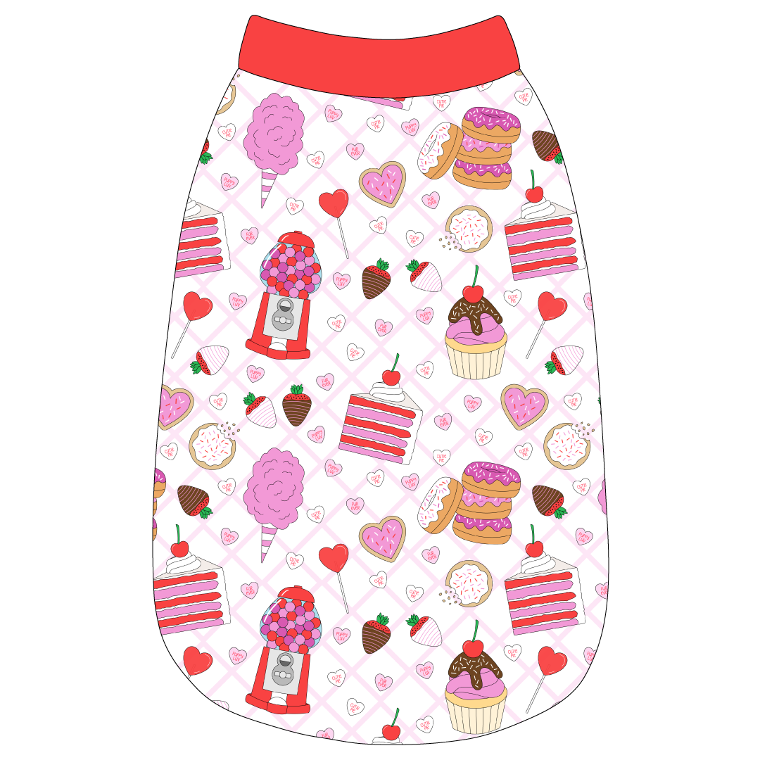 Tank in a dog friendly pattern that shows a variety of sweet treats. It's complete with solid red trim on the neck, waist and shoulders.