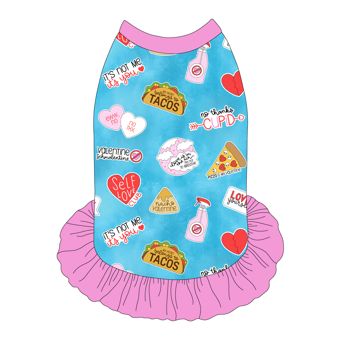 Dress style tank with a girly ruffle skirt in a dog friendly pattern that shows witty anti-Valentine phrases and fun images. It's complete with solid pink trim on the neck, shoulders and ruffles.