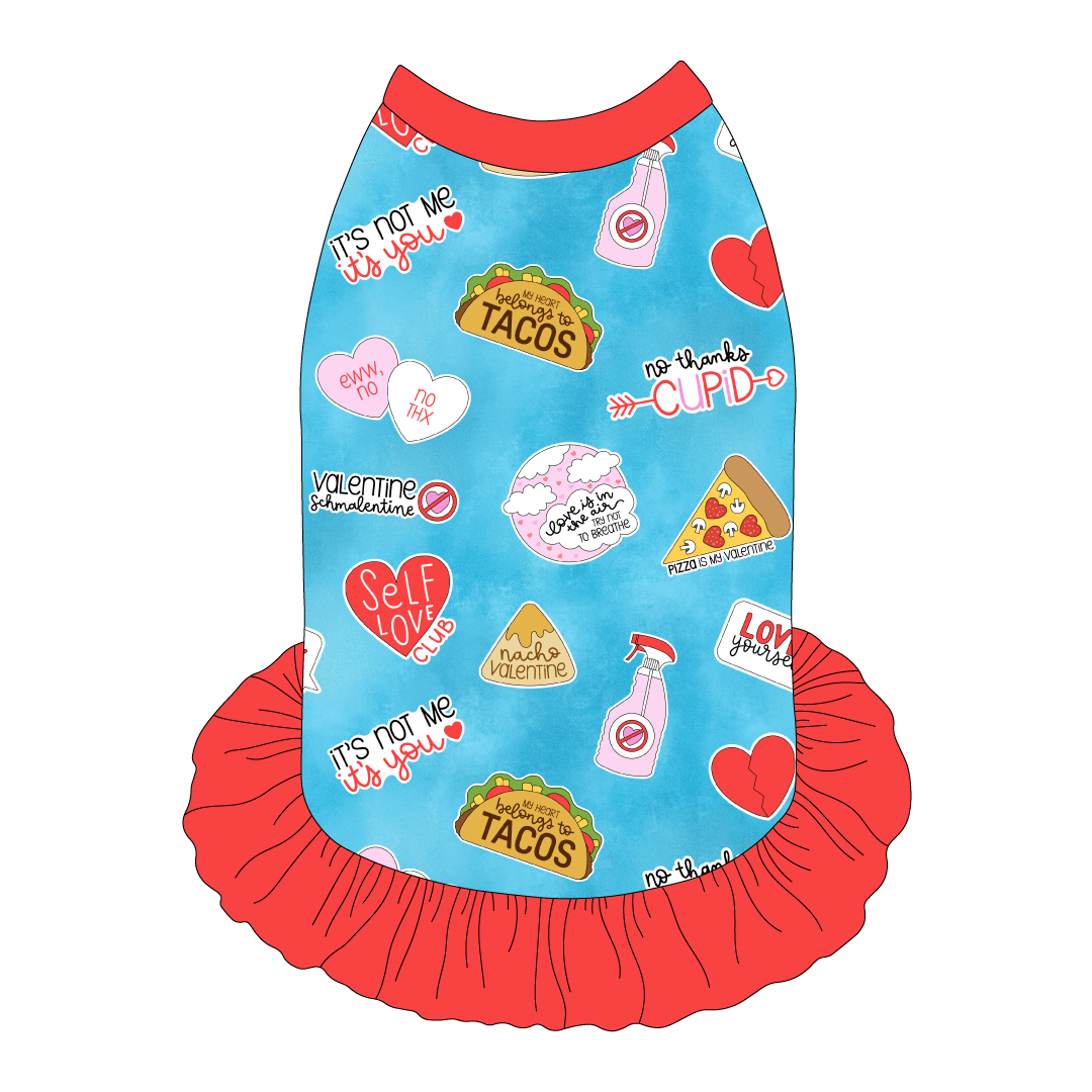 Dress style tank with a girly ruffle skirt in a dog friendly pattern that shows witty anti-Valentine phrases and fun images. It's complete with solid red trim on the neck, shoulders and ruffles.