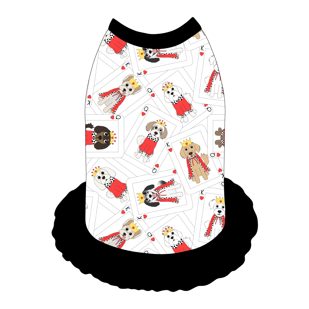 Dress style tank with a girly ruffle skirt in a dog friendly pattern that shows boy and girl dogs dressed as kings and queens on playing cards. It's complete with solid black trim on the neck, shoulders and ruffles.