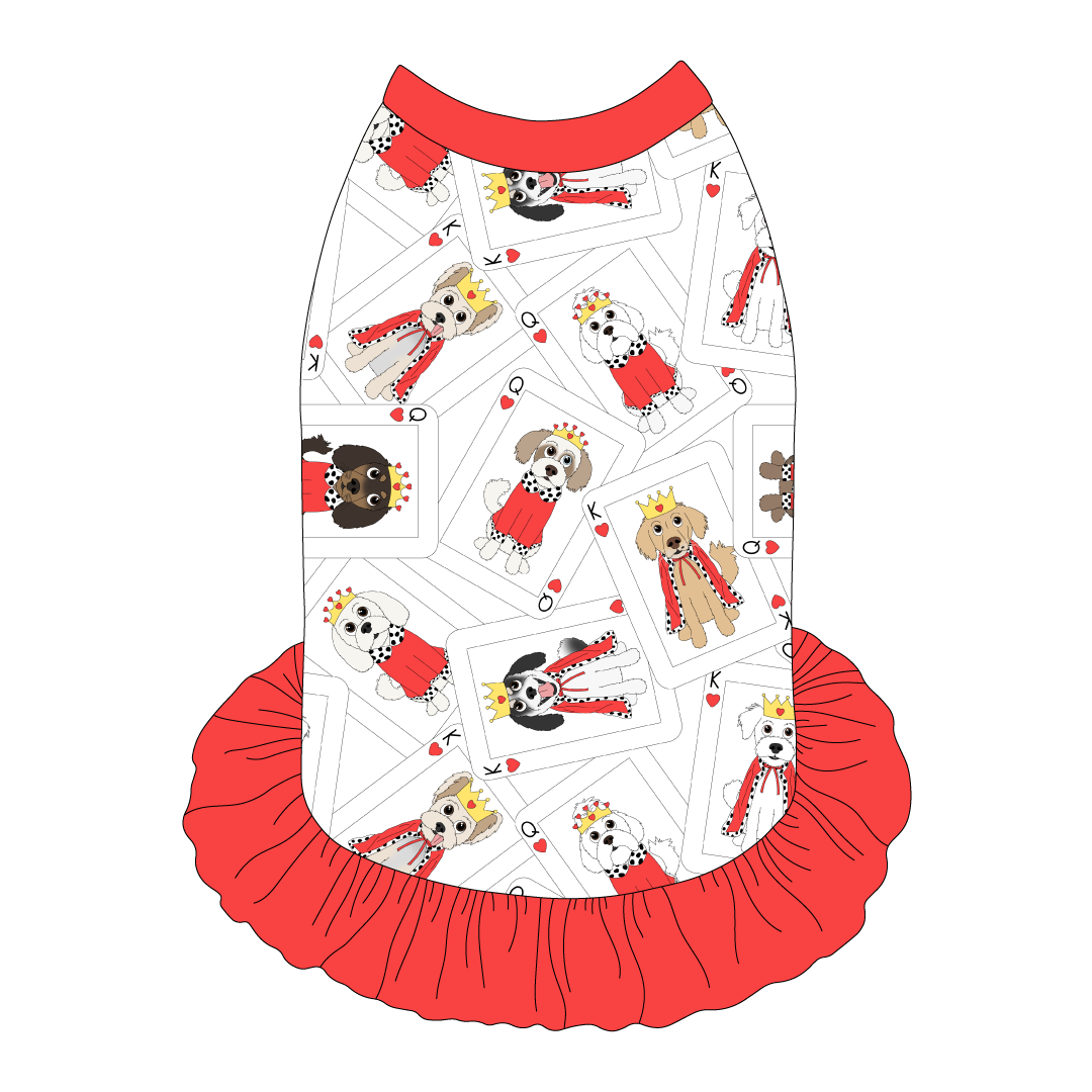 Dress style tank with a girly ruffle skirt in a dog friendly pattern that shows boy and girl dogs dressed as kings and queens on playing cards. It's complete with solid red trim on the neck, shoulders and ruffles.