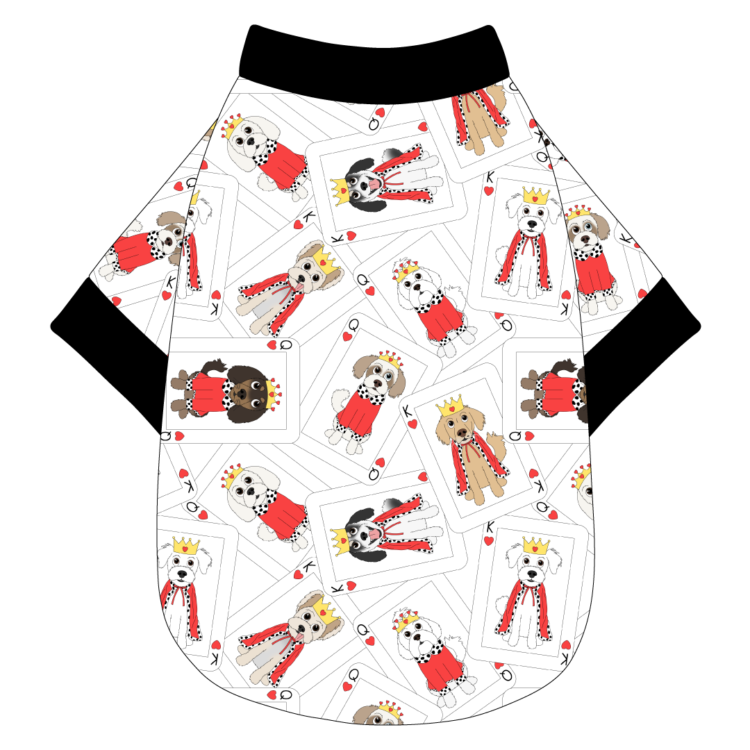 Tee shirt in a dog friendly pattern that shows boy and girl dogs dressed as kings and queens on playing cards. It's complete with solid black trim on the neck, waist and sleeves.