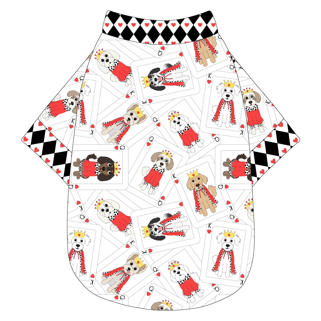 Tee shirt in a dog friendly pattern that shows boy and girl dogs dressed as kings and queens on playing cards. It's complete with black diamond and red heart trim on the neck, waist and sleeves.