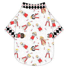 Tee shirt in a dog friendly pattern that shows boy and girl dogs dressed as kings and queens on playing cards. It's complete with black diamond and red heart trim on the neck, waist and sleeves.