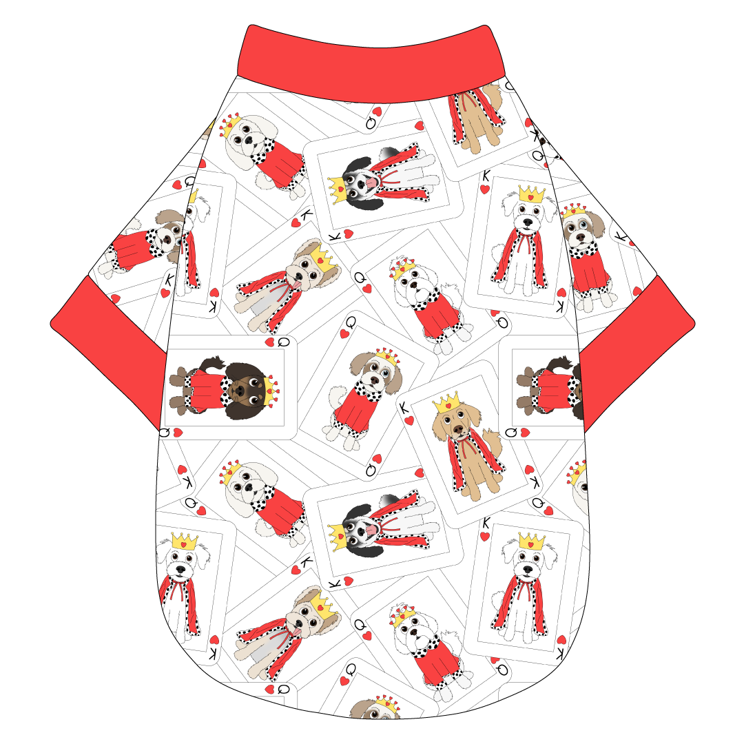 Tee shirt in a dog friendly pattern that shows boy and girl dogs dressed as kings and queens on playing cards. It's complete with solid red trim on the neck, waist and sleeves.