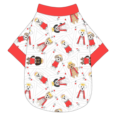 Tee shirt in a dog friendly pattern that shows boy and girl dogs dressed as kings and queens on playing cards. It's complete with solid red trim on the neck, waist and sleeves.