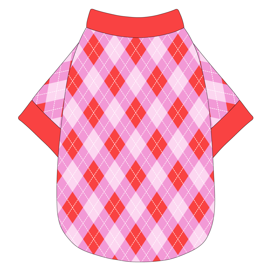 Tee shirt in a dog friendly pattern that shows Valentine argyle plaid. It's complete with solid red trim on the neck, waist and sleeves.