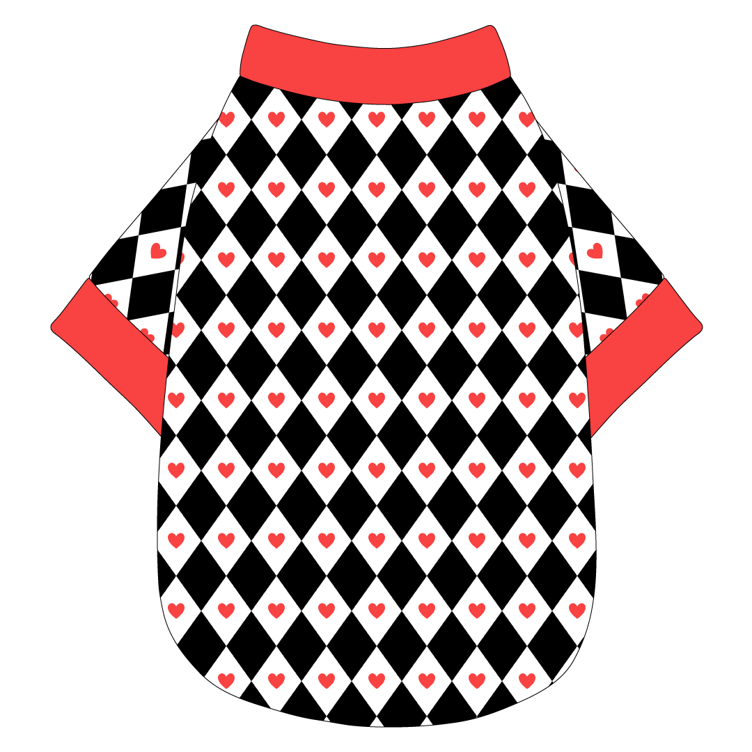 Tee shirt in a dog friendly pattern that shows black diamonds with red hearts. It's complete with solid red trim on the neck, waist and sleeves.