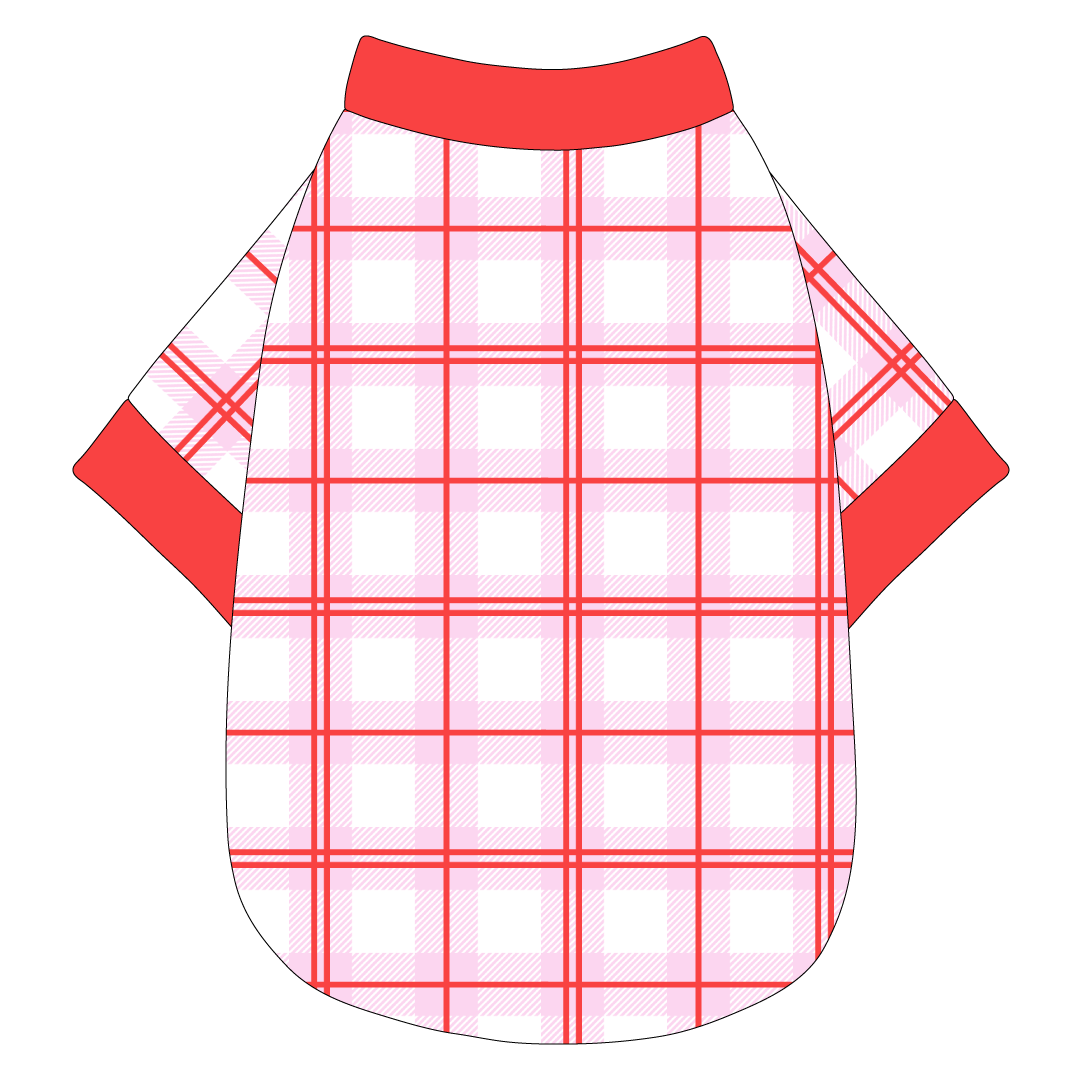 Tee shirt in a dog friendly pattern that shows red and pink plaid. It's complete with solid red trim on the neck, waist and sleeves.