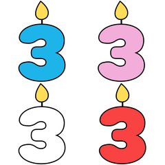 Celebratory candles, the number three, in the colors white, blue, pink and red.