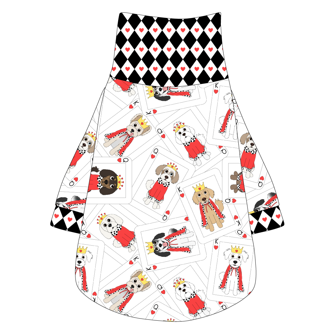 Tee shirt with turtleneck in a dog friendly pattern that shows boy and girl dogs dressed as kings and queens on playing cards. It's complete with black diamond and red heart trim on the neck, sleeves and waist.