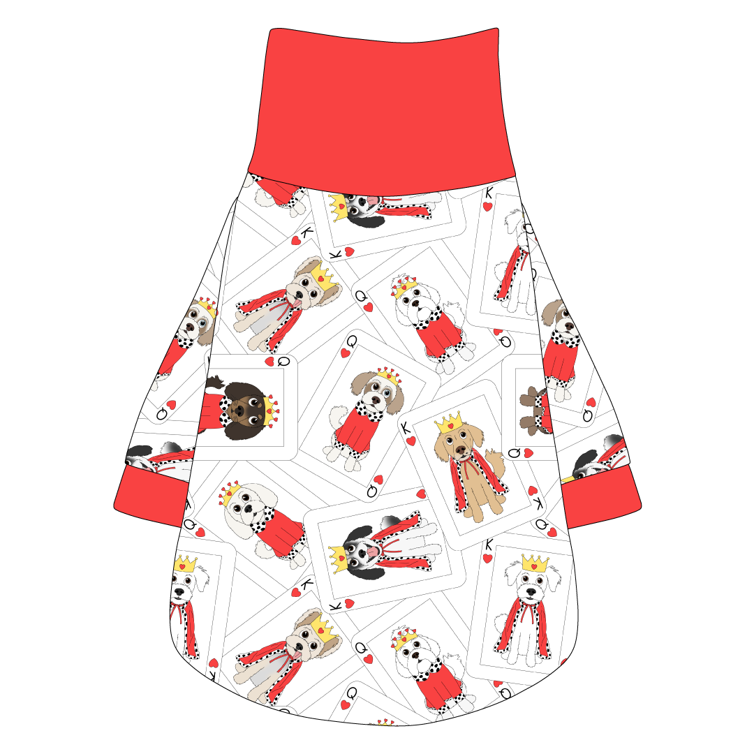 Tee shirt with turtleneck in a dog friendly pattern that shows boy and girl dogs dressed as kings and queens on playing cards. It's complete with solid red trim on the neck, sleeves and waist.