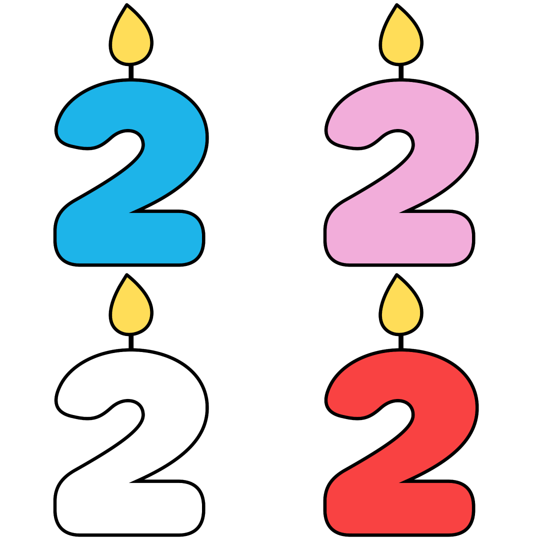 Celebratory candles, the number two, in the colors white, blue, pink and red.