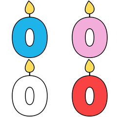 Celebratory candles, the number zero, in the colors white, blue, pink and red.