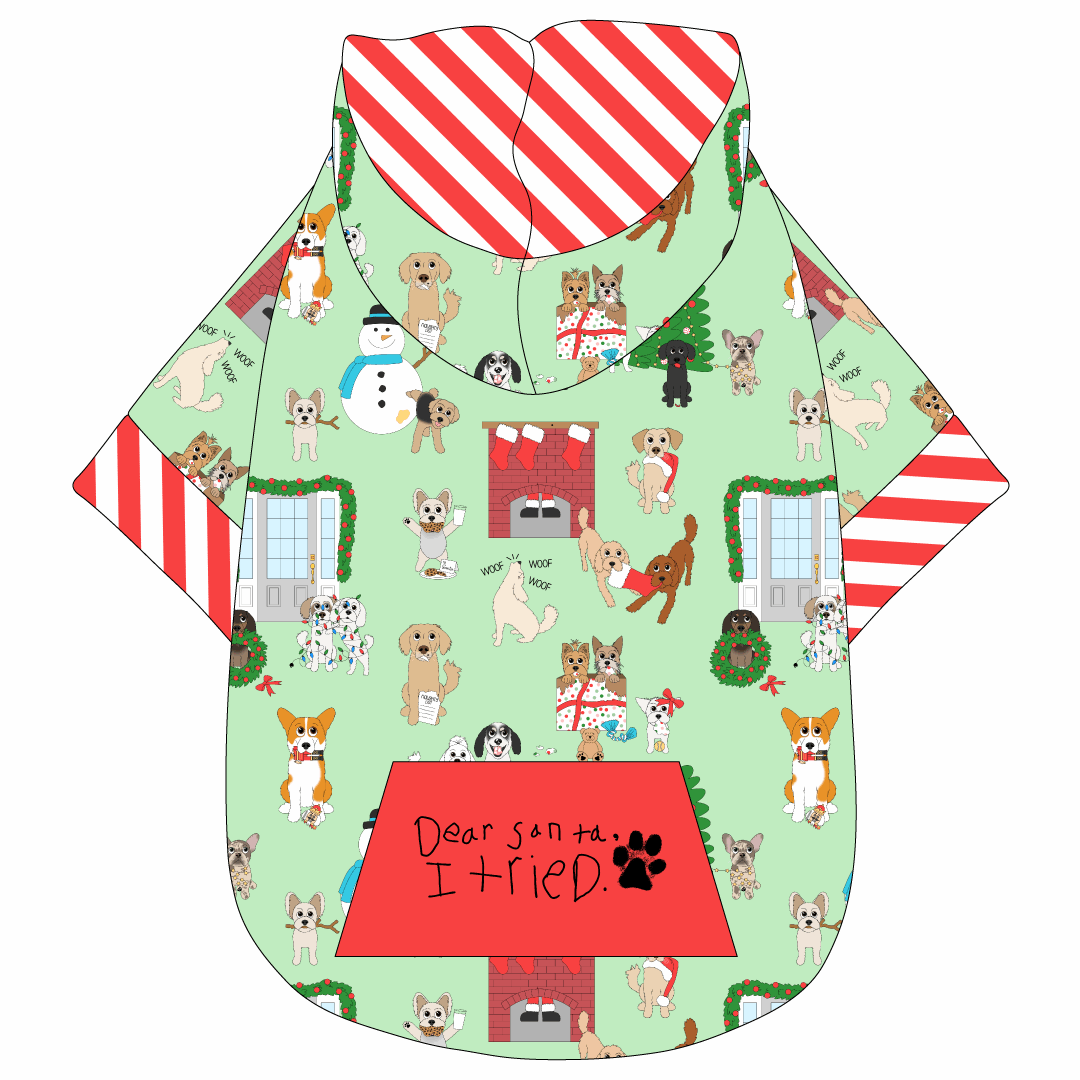 Hoodie in a dog friendly pattern that shows the different dog breeds being naughty at Christmas.  Some are getting in gifts, some knocked over the tree, some are tangled in lights, and more. Design is on a light green background. It's complete with a hood lined in candy cane. Candy cane trim is on the waist and sleeves, as well as a red pocket that reads Dear Santa, I Tried in child's writing signed with a paw print.