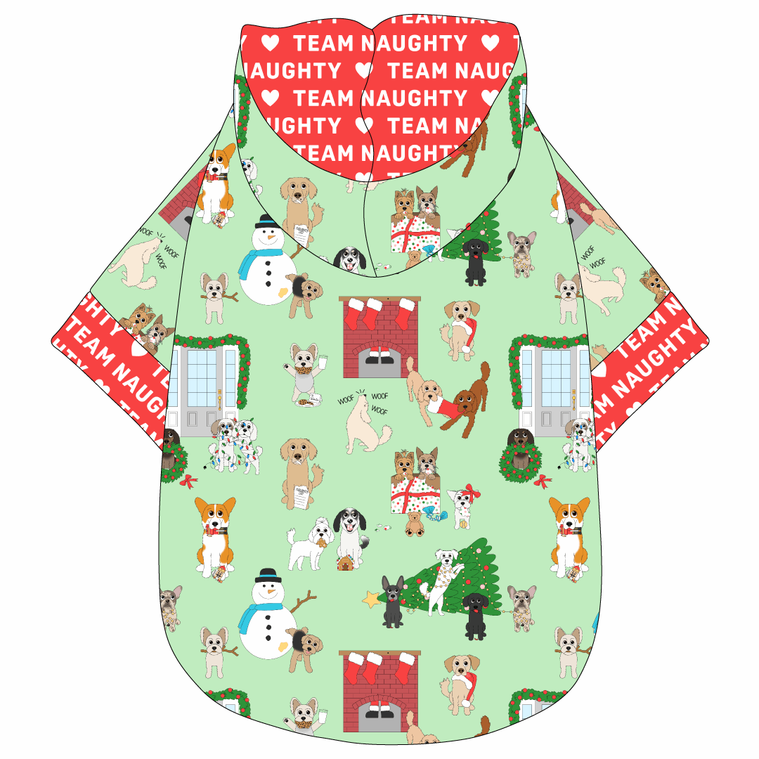 Hoodie in a dog friendly pattern that shows the different dog breeds being naughty at Christmas.  Some are getting in gifts, some knocked over the tree, some are tangled in lights, and more. Design is on a light green background. It's complete with a hood lined in red that reads Team Naughty in white. Red Team Naughty trim is on the waist and sleeves.