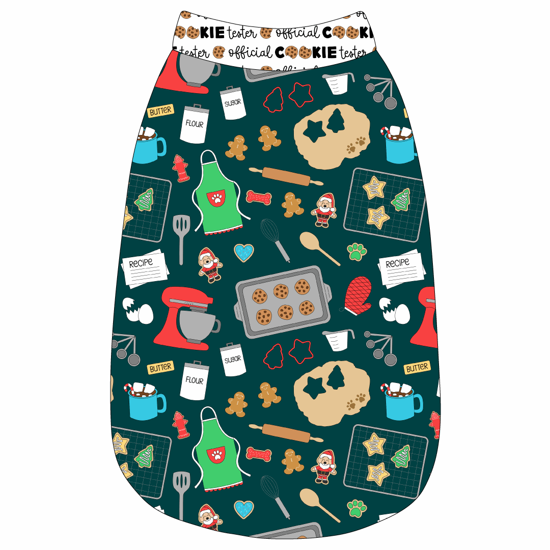 Tank in a dog friendly pattern that shows cookies baking, a light green apron, recipe cards and more on a deep emerald background. It's complete with official cookie tester trim on the neck, waist and shoulders.