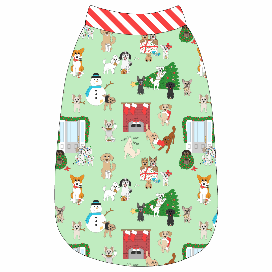 Tank in a dog friendly pattern that shows the different dog breeds being naughty at Christmas.  Some are getting in gifts, some knocked over the tree, some are tangled in lights, and more. Design is on a light green background. It's complete with candy cane trim on the neck, waist and shoulders.