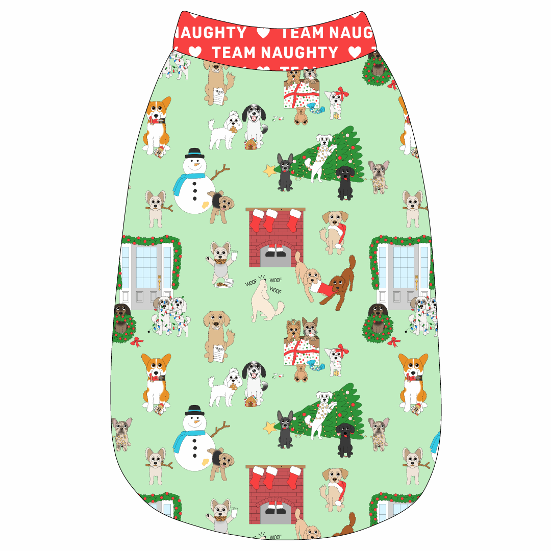 Tank in a dog friendly pattern that shows the different dog breeds being naughty at Christmas.  Some are getting in gifts, some knocked over the tree, some are tangled in lights, and more. Design is on a light green background. It's complete with red trim that reads Team Naughty in white on the neck, waist and shoulders.