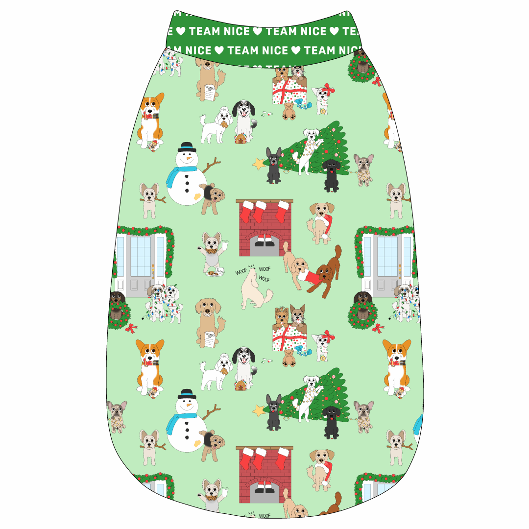 Tank in a dog friendly pattern that shows the different dog breeds being naughty at Christmas.  Some are getting in gifts, some knocked over the tree, some are tangled in lights, and more. Design is on a light green background. It's complete with green trim that reads Team Nice in white on the neck, waist and shoulders.