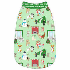 Tank in a dog friendly pattern that shows the different dog breeds being naughty at Christmas.  Some are getting in gifts, some knocked over the tree, some are tangled in lights, and more. Design is on a light green background. It's complete with green trim that reads Team Nice in white on the neck, waist and shoulders.