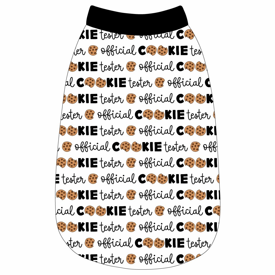 Tank in a dog friendly pattern that shows the text Official Cookie Tester, using two cookies for letter “o” in cookies, on a white background. It's complete with black trim on the neck, waist and shoulders.