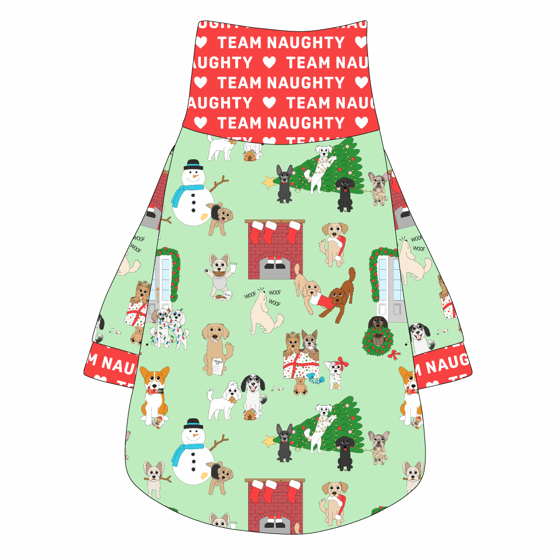 Tee shirt with turtleneck in a dog friendly pattern that shows the different dog breeds being naughty at Christmas.  Some are getting in gifts, some knocked over the tree, some are tangled in lights, and more. Design is on a light green background. It's complete with red trim that reads Team Naughty in white on the neck, waist and sleeves.