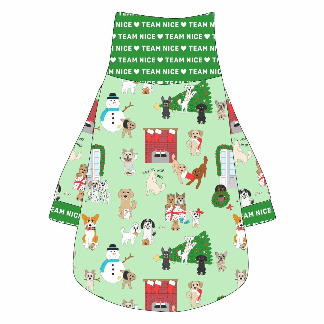 Tee shirt with turtleneck in a dog friendly pattern that shows the different dog breeds being naughty at Christmas.  Some are getting in gifts, some knocked over the tree, some are tangled in lights, and more. Design is on a light green background. It's complete with green trim that reads Team Nice on the neck, waist and sleeves.