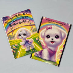 Two books with cute white dog with vibrant colors. Rainbow Bridge.