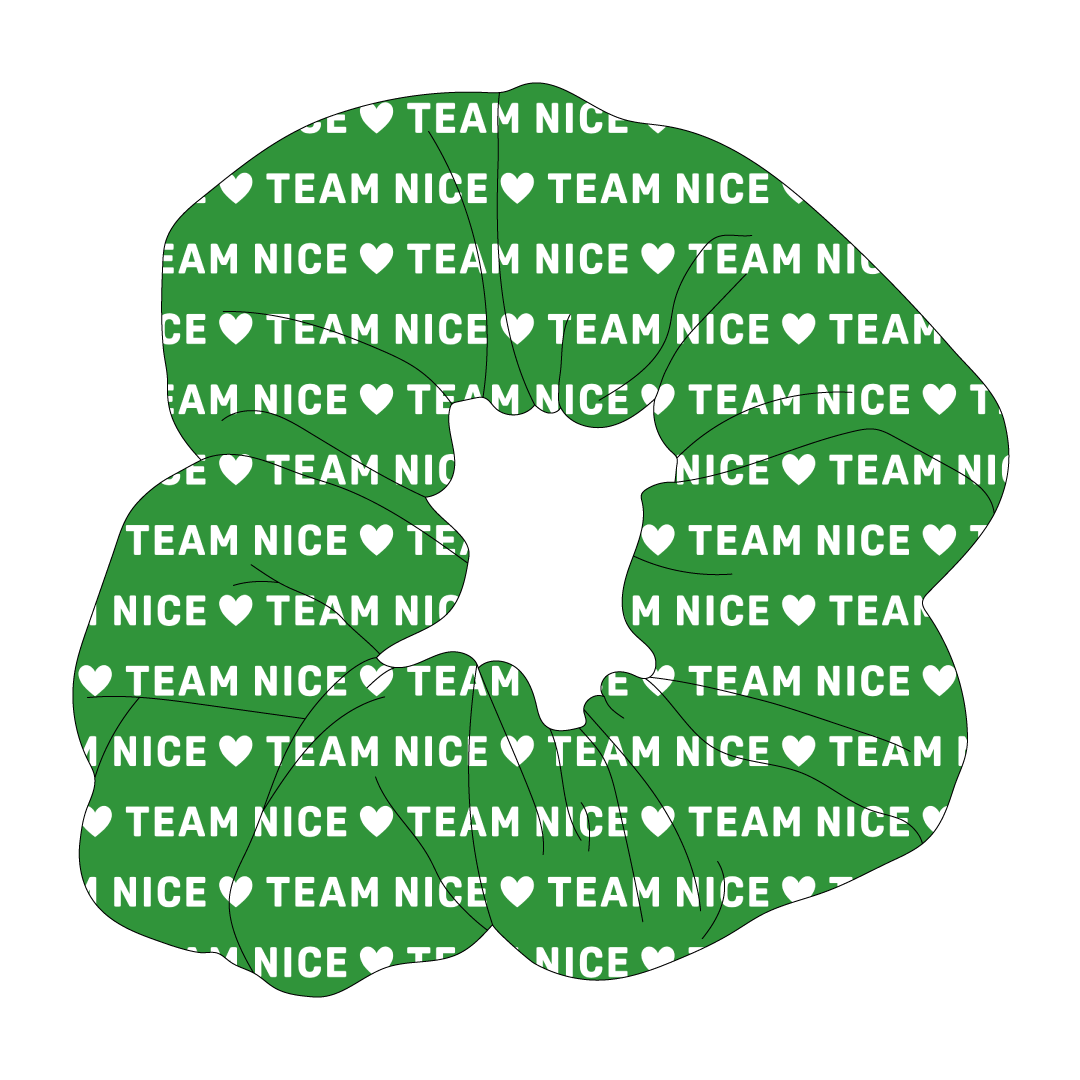 Scrunchie hair accessory in dog friendly pattern that shows a green background with the words Team Nice written in white.